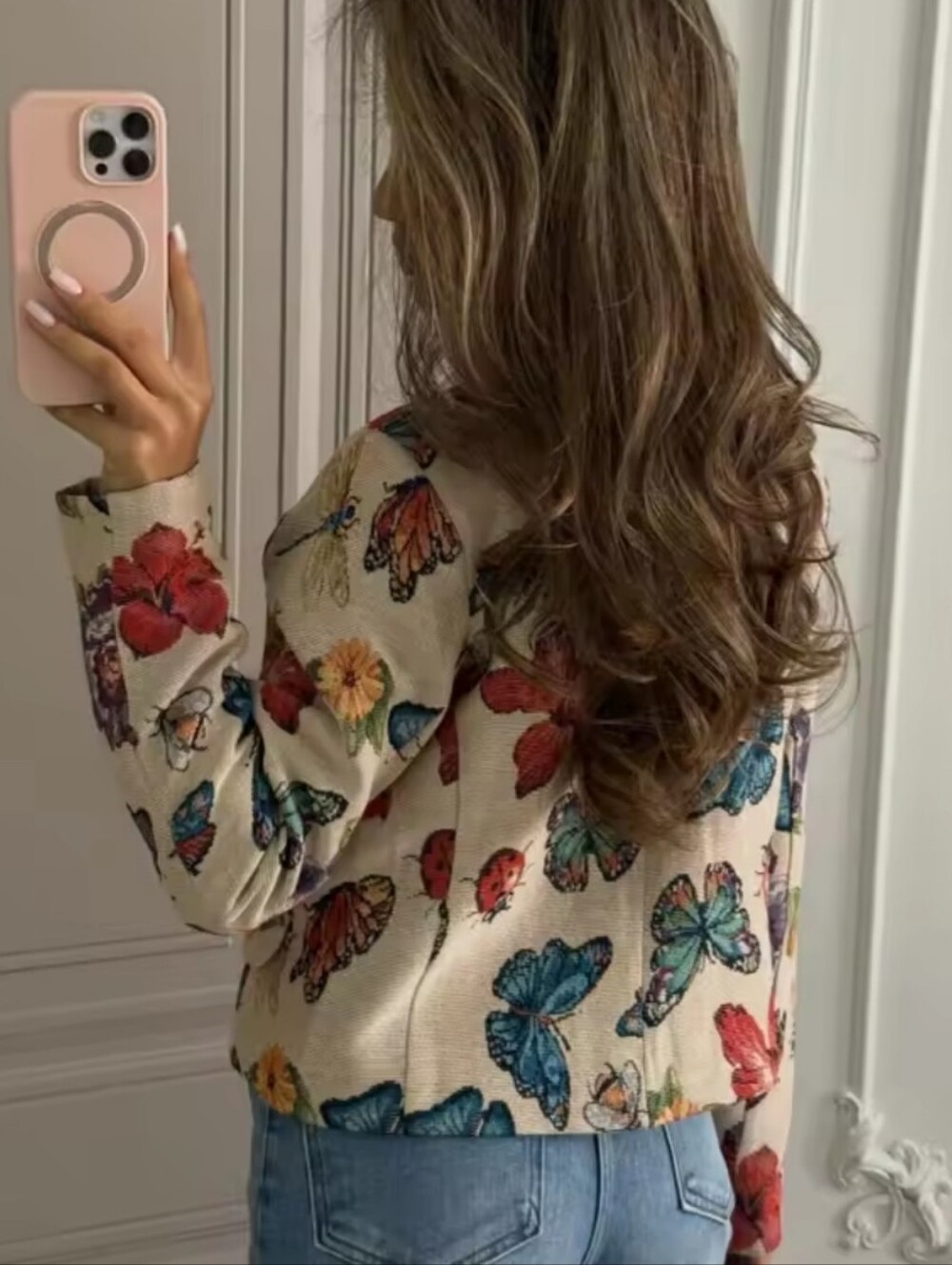 Butterfly Floral Print Cropped Jacket Women Stand Collar Gold Button Long Sleeve - Picture 2 of 7